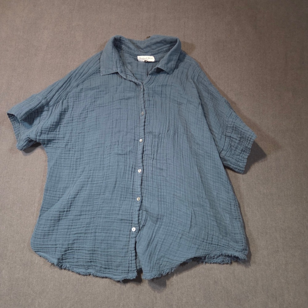 Michael Stars Button Down Top Womens M Blue Cotton Double Gauze Raw Hem Shirt